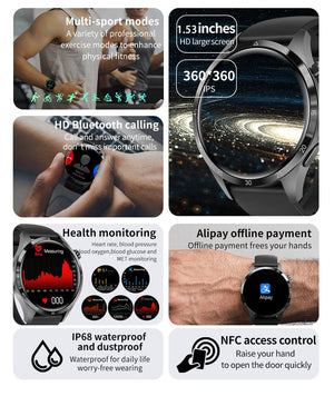 Planet Gates Black leather / NFC GT4 Pro 2024 New GPS Smart Watch Men For Huawei GT4Pro HD Screen Bluetooth Call Watches NFC IP68 Waterproof Blood Sugar Smartwatch Woman