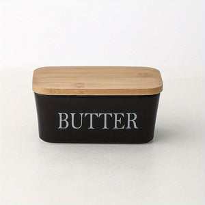 Planet Gates Black (letter Without Knife) 1set Ceramic Butter Dish With Bamboo Lid And Knife, Large Butter Keeper Container For Counter, Airtight Butter Holder With Cover For Kitchen