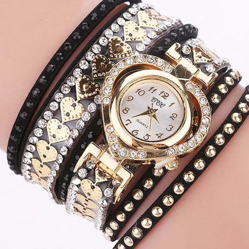 Planet Gates black Luxury Women Heart Dial Shiny Design Quality Women Quartz Watch Fashion Rhinestone Bracelet Wrap Strap Women Watch Gifts