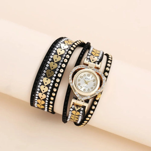 Planet Gates black Luxury Women Heart Dial Shiny Design Quality Women Quartz Watch Fashion Rhinestone Bracelet Wrap Strap Women Watch Gifts