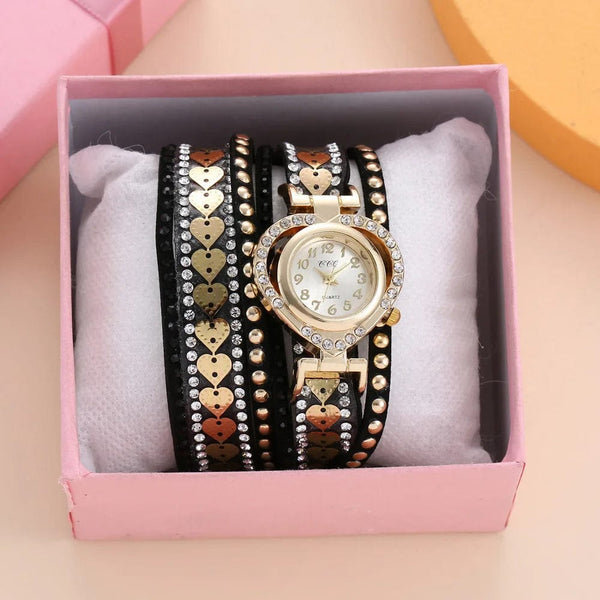 Planet Gates black Luxury Women Heart Dial Shiny Design Quality Women Quartz Watch Fashion Rhinestone Bracelet Wrap Strap Women Watch Gifts