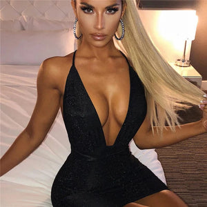 Planet Gates Black / M Sleeveless Halter Bandage Sexy Women Dress Backless Bodycon Summer Deep V-neck Night Club Lace-up Party Dress
