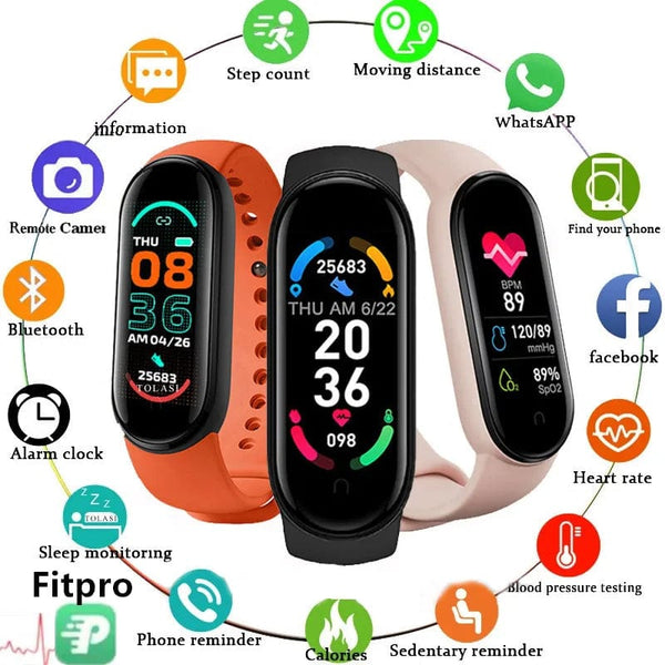 Planet Gates black M6 Smart Watch Men Women Fitness Smart Bracelet Sports Band Heart Rate Blood Pressure Monitor Waterproof Multi-function Watches