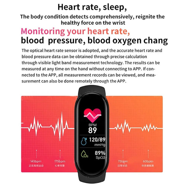 Planet Gates black M6 Smart Watch Men Women Fitness Smart Bracelet Sports Band Heart Rate Blood Pressure Monitor Waterproof Multi-function Watches