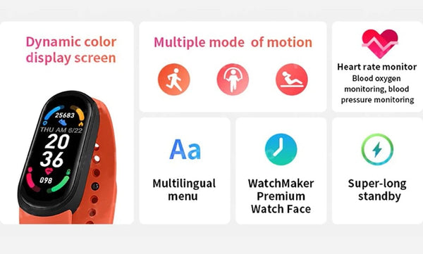 Planet Gates black M6 Smart Watch Men Women Fitness Smart Bracelet Sports Band Heart Rate Blood Pressure Monitor Waterproof Multi-function Watches