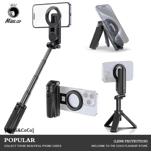Planet Gates Black Magnetic Phone Tripod Wireless Phone Grip Selfie Stick Desktop Tripod for iPhone 16 15 14 13 12 Pro Max For Samsung phone holder