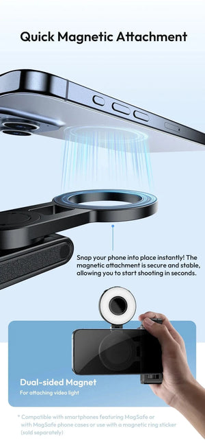 Planet Gates Black Magnetic Phone Tripod Wireless Phone Grip Selfie Stick Desktop Tripod for iPhone 16 15 14 13 12 Pro Max For Samsung phone holder