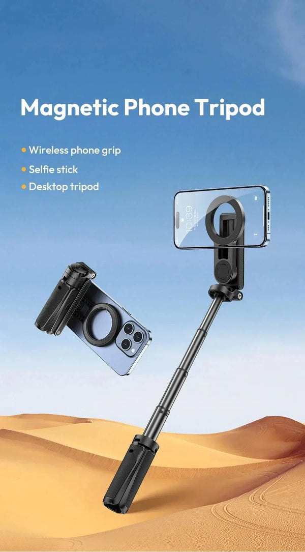 Planet Gates Black Magnetic Phone Tripod Wireless Phone Grip Selfie Stick Desktop Tripod for iPhone 16 15 14 13 12 Pro Max For Samsung phone holder