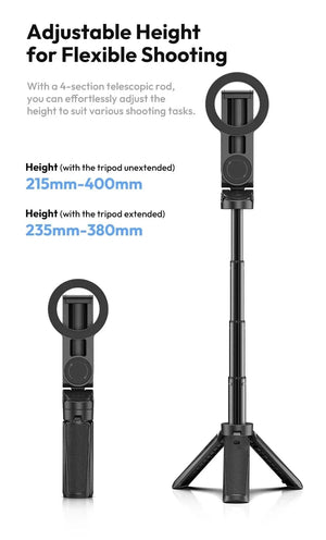 Planet Gates Black Magnetic Phone Tripod Wireless Phone Grip Selfie Stick Desktop Tripod for iPhone 16 15 14 13 12 Pro Max For Samsung phone holder