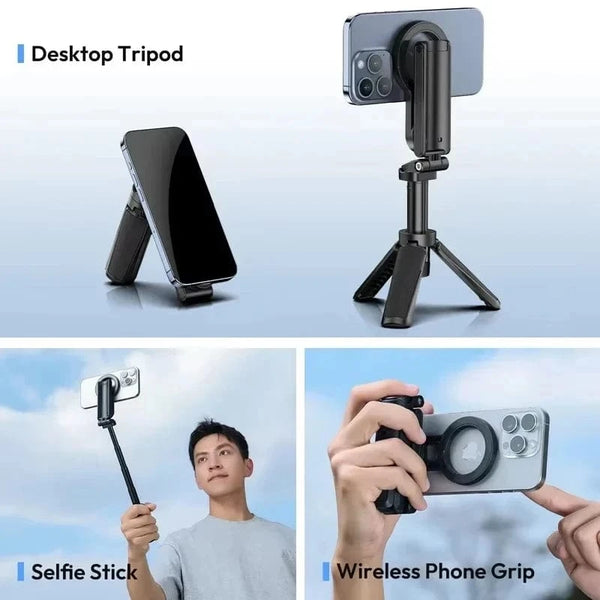 Planet Gates Black Magnetic Phone Tripod Wireless Phone Grip Selfie Stick Desktop Tripod for iPhone 16 15 14 13 12 Pro Max For Samsung phone holder