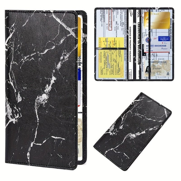 Planet Gates Black Marble / Long Car Registration & Insurance Card Holder For Men And Women, Auto Glove Box Organizer Document Wallet Faux Leather Manual Folder