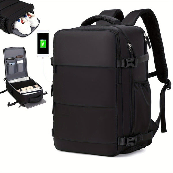 Planet Gates Black Men's Travel Backpack, Waterproof Computer Backpack, With Shoe Compartment, Computer Carry-on Backpack