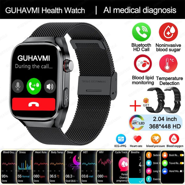 Planet Gates Black Mesh Belt 2A / Medical grade 2024 New Uric Acid Blood Fat Smartwatch ECG Blood Glucose Heart Rate Blood Pressure Health Monitoring Smart Watch For HUAWEI IOS