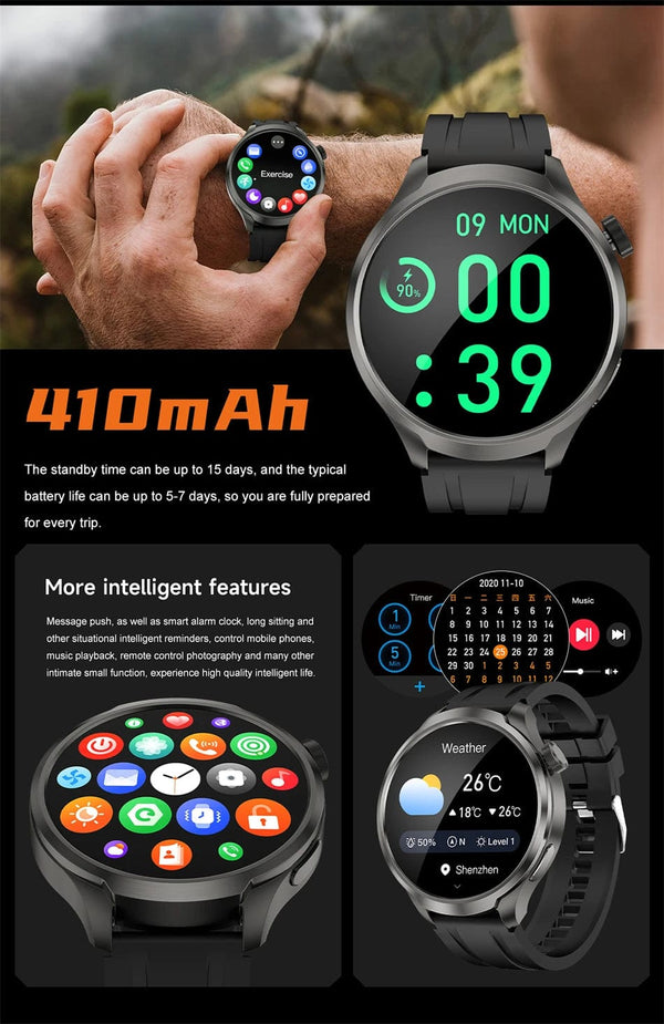 Planet Gates Black mesh belt / For HUAWEI GT5 Watch For HUAWEI GT5 Watch Outdoor Sports Smart Watch Men AMOLED Screen NFC GPS Compass IP68 Waterproof Bluetooth Call SmartWatch Man