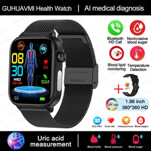 Planet Gates Black-Mesh-Belt / Health monitoring 2024 New ECG+PPG Uric Acid Non-Invasive Blood Glucose Smartwatch Men Bluetooth Call Heart Rate Blood Pressure Smart Watch Women