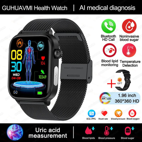 Planet Gates Black-Mesh-Belt / Health monitoring 2024 New ECG+PPG Uric Acid Non-Invasive Blood Glucose Smartwatch Men Bluetooth Call Heart Rate Blood Pressure Smart Watch Women