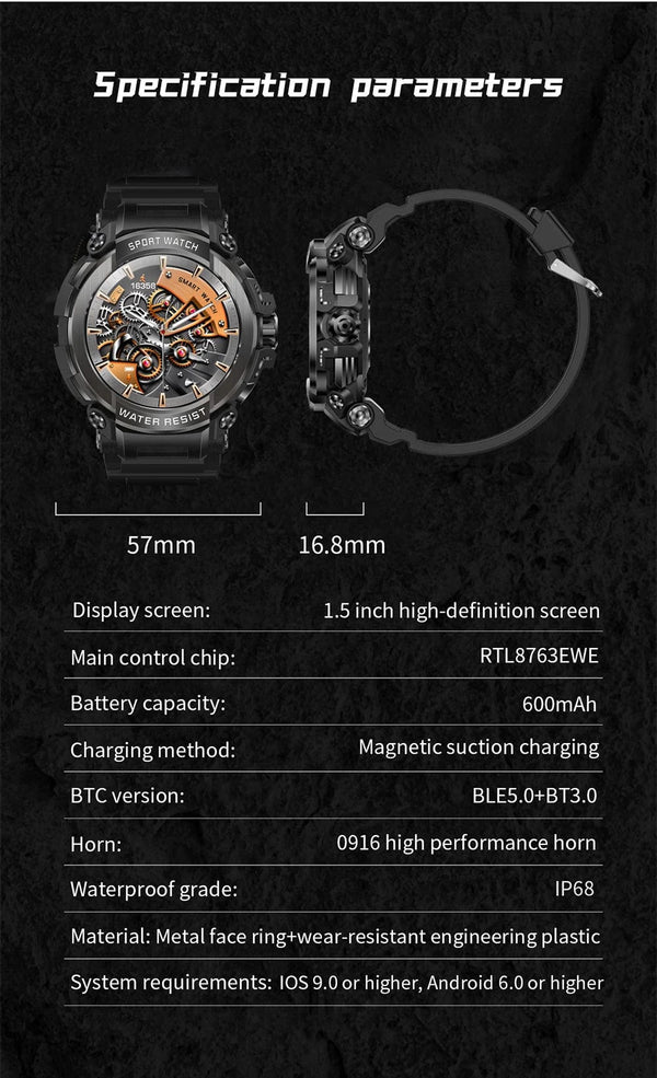 Planet Gates Black MEVADEN 1.5" Bluetooth Call GPS Smart Watch Men 120+ Sports Fitness Tracker Health Monitor Smartwatch for Android IOS 600mAh T90