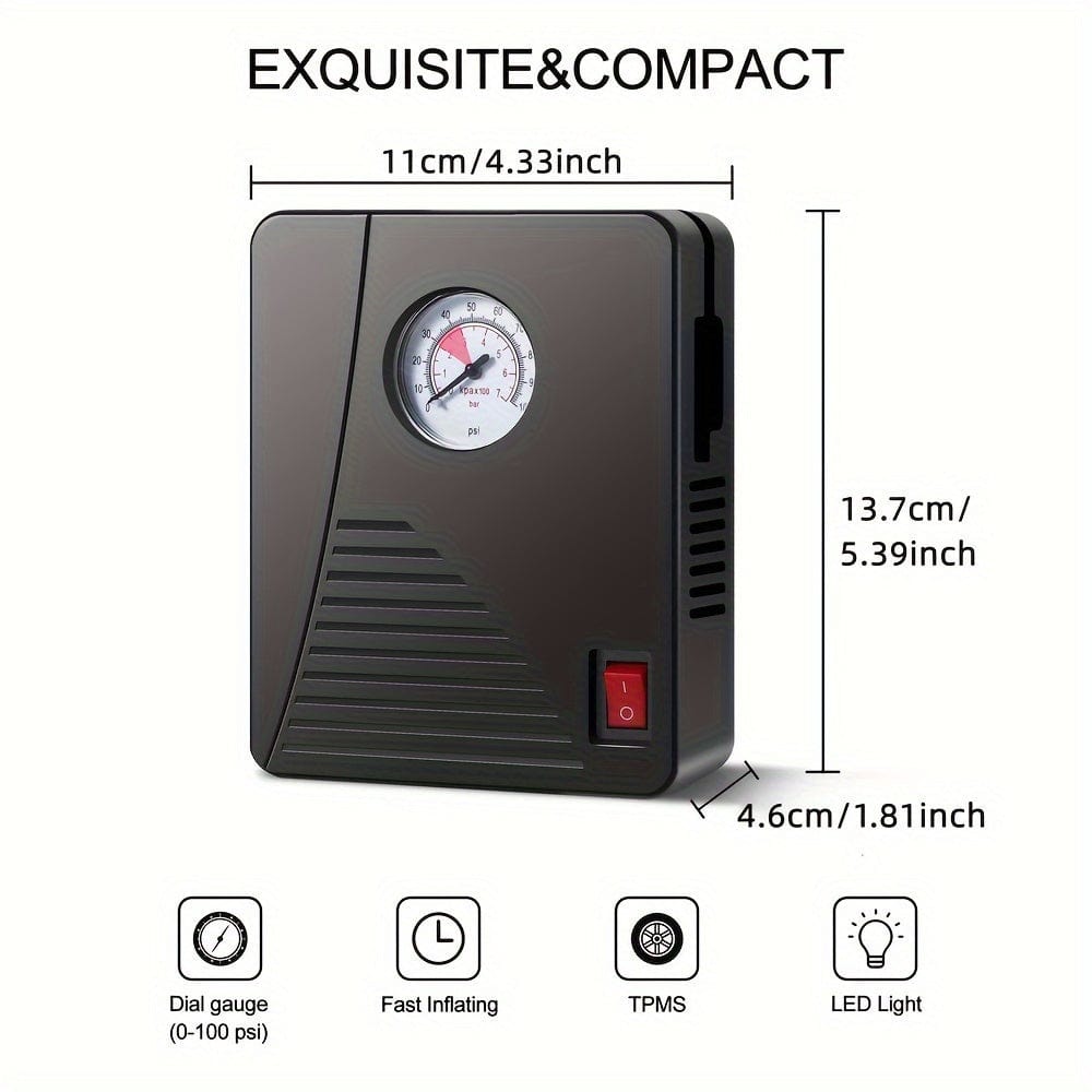 Planet Gates Black Mini Tire Inflator Portable Air Compressor: Car Pump With Pressure Gauge & Light - Perfect For Cars, Motorcycles & Bicycle, Balls