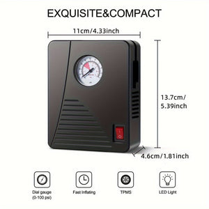 Planet Gates Black Mini Tire Inflator Portable Air Compressor: Car Pump With Pressure Gauge & Light - Perfect For Cars, Motorcycles & Bicycle, Balls