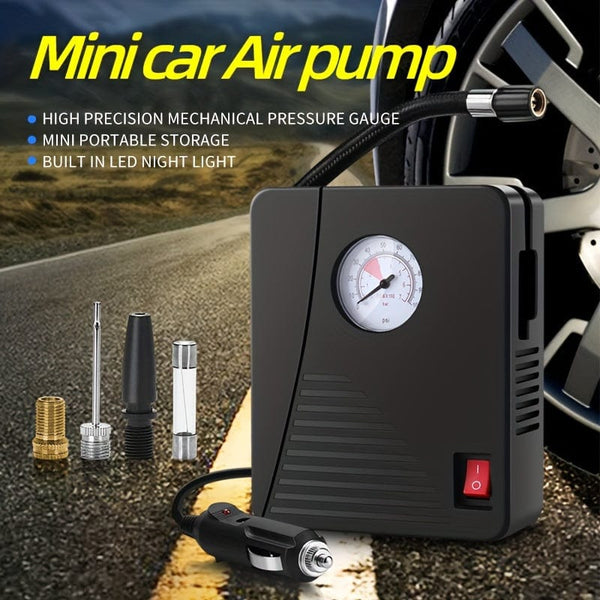 Planet Gates Black Mini Tire Inflator Portable Air Compressor: Car Pump With Pressure Gauge & Light - Perfect For Cars, Motorcycles & Bicycle, Balls