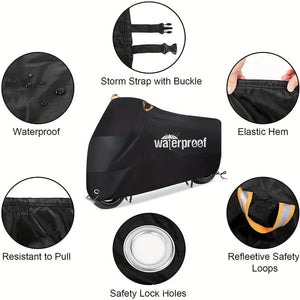 Planet Gates Black Motorcycle Covers, Heavy Duty 210D Waterproof UV Protective Tear Proof Motorbike Cover With Safety Cloth Lock Holes Design