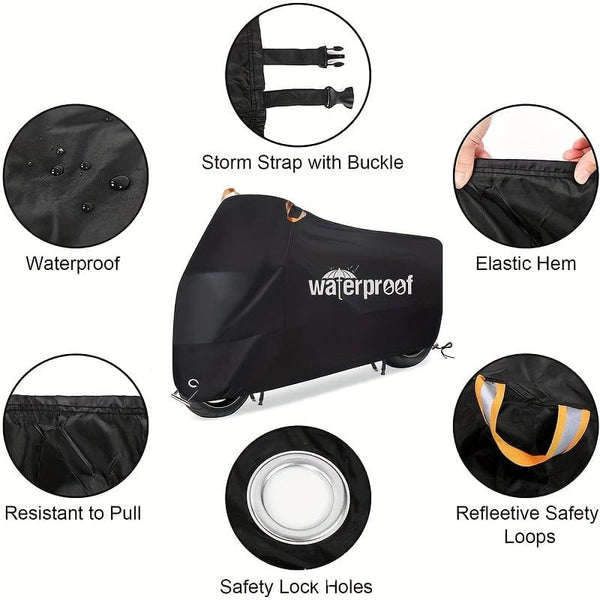 Planet Gates Black Motorcycle Covers, Heavy Duty 210D Waterproof UV Protective Tear Proof Motorbike Cover With Safety Cloth Lock Holes Design