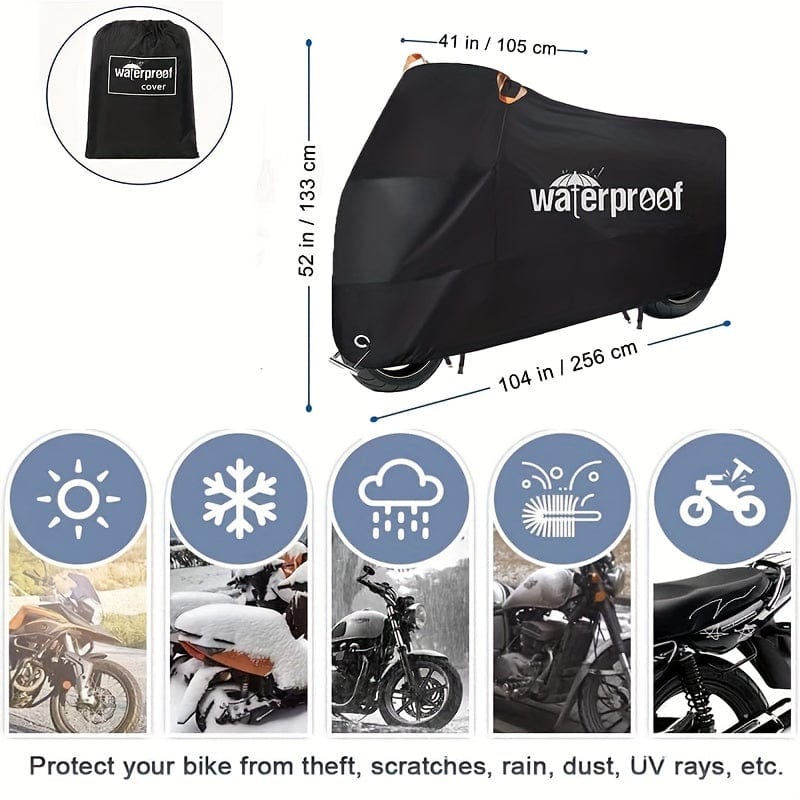 Planet Gates Black Motorcycle Covers, Heavy Duty 210D Waterproof UV Protective Tear Proof Motorbike Cover With Safety Cloth Lock Holes Design
