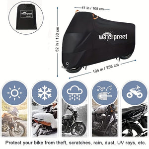Planet Gates Black Motorcycle Covers, Heavy Duty 210D Waterproof UV Protective Tear Proof Motorbike Cover With Safety Cloth Lock Holes Design