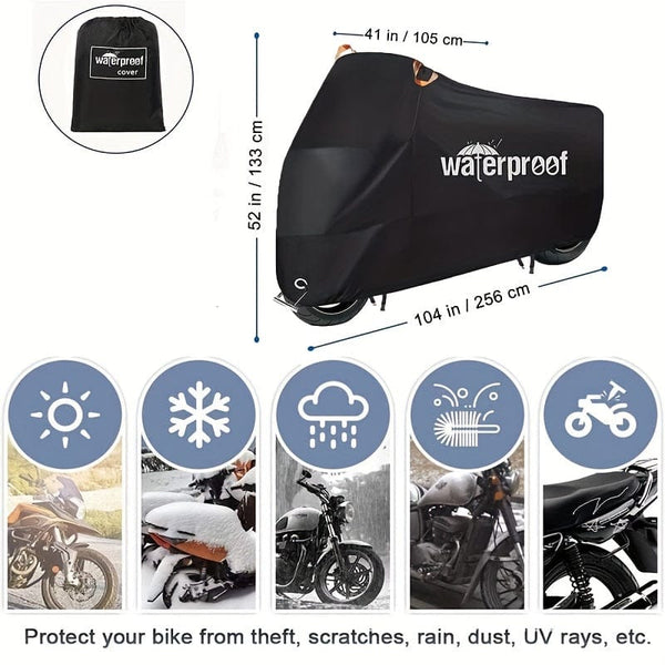 Planet Gates Black Motorcycle Covers, Heavy Duty 210D Waterproof UV Protective Tear Proof Motorbike Cover With Safety Cloth Lock Holes Design