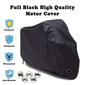 Planet Gates Black Motorcycle Covers, Heavy Duty 210D Waterproof UV Protective Tear Proof Motorbike Cover With Safety Cloth Lock Holes Design