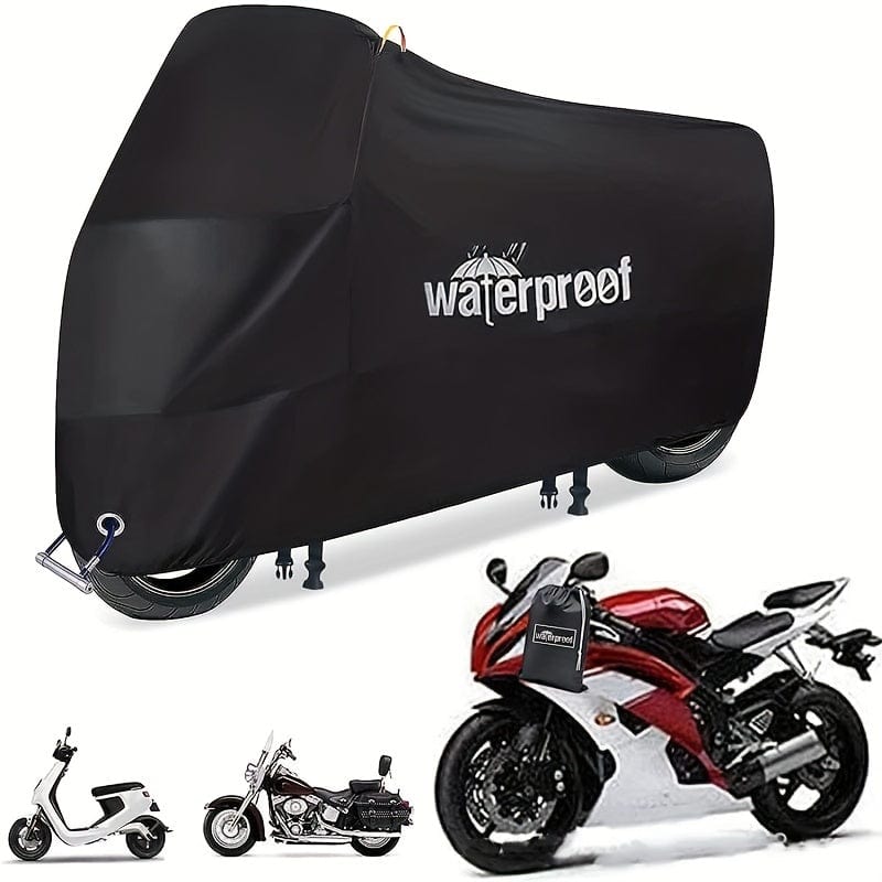 Planet Gates Black Motorcycle Covers, Heavy Duty 210D Waterproof UV Protective Tear Proof Motorbike Cover With Safety Cloth Lock Holes Design