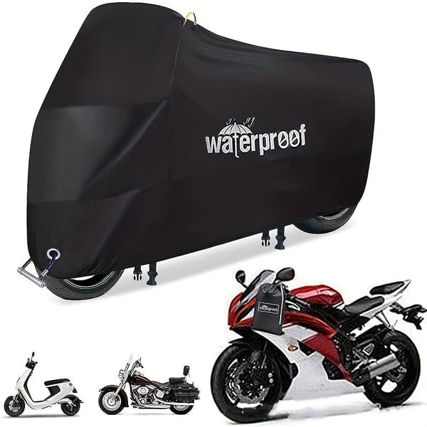 Planet Gates Black Motorcycle Covers, Heavy Duty 210D Waterproof UV Protective Tear Proof Motorbike Cover With Safety Cloth Lock Holes Design