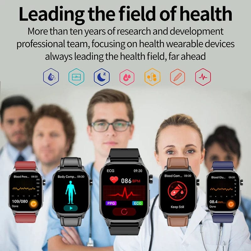 Planet Gates Black New Blood Glucose Health Smartwatch Men ECGPPG Blood Pressure Lipids Uric Acid IP67 Waterproof Sport Bluetooth Call Smart Watch