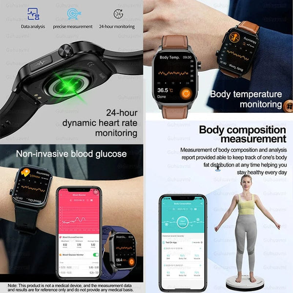 Planet Gates Black New Blood Glucose Health Smartwatch Men ECGPPG Blood Pressure Lipids Uric Acid IP67 Waterproof Sport Bluetooth Call Smart Watch