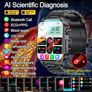 Planet Gates Black New Blood Glucose Health Smartwatch Men ECGPPG Blood Pressure Lipids Uric Acid IP67 Waterproof Sport Bluetooth Call Smart Watch