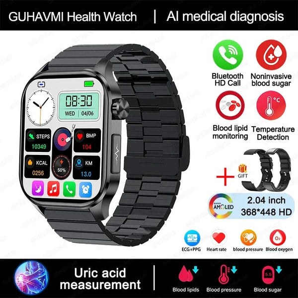 Planet Gates Black New Blood Glucose Health Smartwatch Men ECGPPG Blood Pressure Lipids Uric Acid IP67 Waterproof Sport Bluetooth Call Smart Watch
