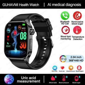 Planet Gates Black New Blood Glucose Health Smartwatch Men ECGPPG Blood Pressure Lipids Uric Acid IP67 Waterproof Sport Bluetooth Call Smart Watch