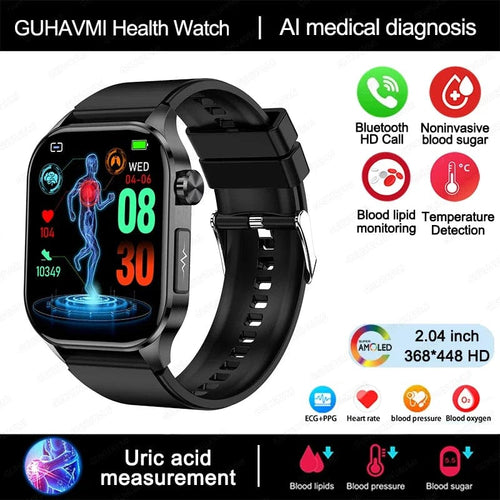 Planet Gates Black New Blood Glucose Health Smartwatch Men ECGPPG Blood Pressure Lipids Uric Acid IP67 Waterproof Sport Bluetooth Call Smart Watch