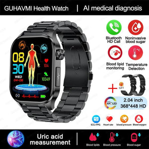 Planet Gates Black New Blood Glucose Health Smartwatch Men ECGPPG Blood Pressure Lipids Uric Acid IP67 Waterproof Sport Bluetooth Call Smart Watch
