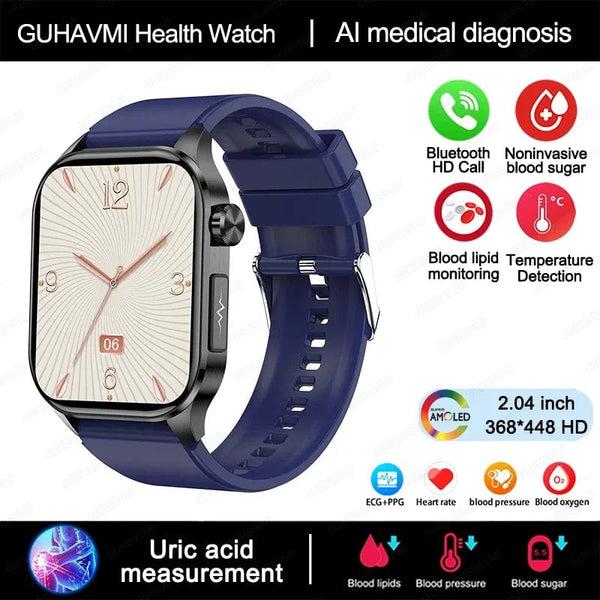 Planet Gates Black New Blood Glucose Health Smartwatch Men ECGPPG Blood Pressure Lipids Uric Acid IP67 Waterproof Sport Bluetooth Call Smart Watch
