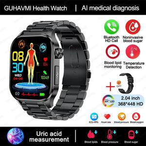 Planet Gates Black New Blood Glucose Health Smartwatch Men ECGPPG Blood Pressure Lipids Uric Acid IP67 Waterproof Sport Bluetooth Call Smart Watch