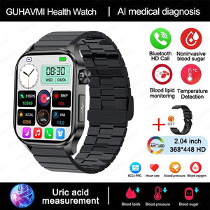 Planet Gates Black New Blood Glucose Health Smartwatch Men ECGPPG Blood Pressure Lipids Uric Acid IP67 Waterproof Sport Bluetooth Call Smart Watch
