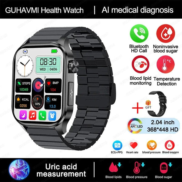 Planet Gates Black New Blood Glucose Health Smartwatch Men ECGPPG Blood Pressure Lipids Uric Acid IP67 Waterproof Sport Bluetooth Call Smart Watch
