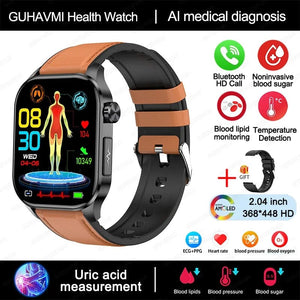 Planet Gates Black New Blood Glucose Health Smartwatch Men ECGPPG Blood Pressure Lipids Uric Acid IP67 Waterproof Sport Bluetooth Call Smart Watch