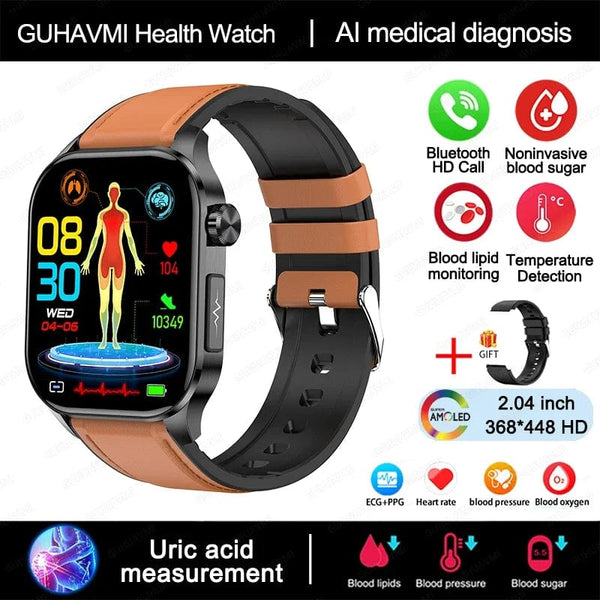 Planet Gates Black New Blood Glucose Health Smartwatch Men ECGPPG Blood Pressure Lipids Uric Acid IP67 Waterproof Sport Bluetooth Call Smart Watch