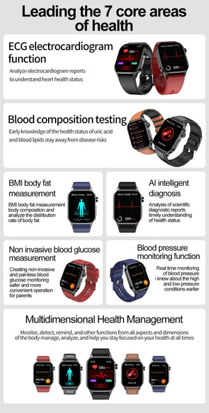 Planet Gates Black New Blood Glucose Health Smartwatch Men ECGPPG Blood Pressure Lipids Uric Acid IP67 Waterproof Sport Bluetooth Call Smart Watch