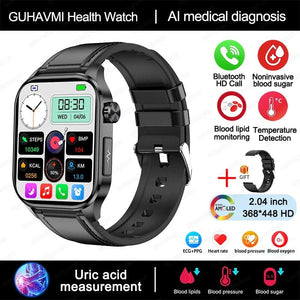Planet Gates Black New Blood Glucose Health Smartwatch Men ECGPPG Blood Pressure Lipids Uric Acid IP67 Waterproof Sport Bluetooth Call Smart Watch