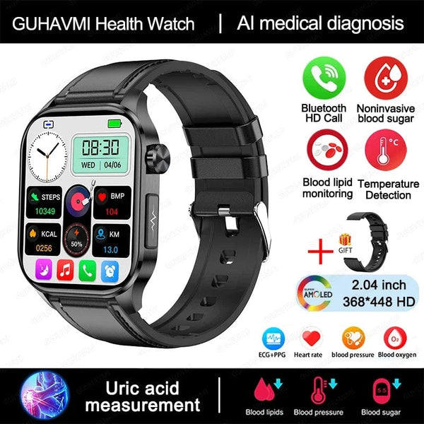 Planet Gates Black New Blood Glucose Health Smartwatch Men ECGPPG Blood Pressure Lipids Uric Acid IP67 Waterproof Sport Bluetooth Call Smart Watch