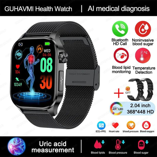 Planet Gates Black New Blood Glucose Health Smartwatch Men ECGPPG Blood Pressure Lipids Uric Acid IP67 Waterproof Sport Bluetooth Call Smart Watch