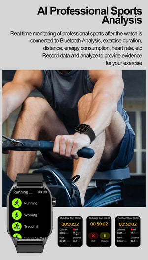 Planet Gates Black New Blood Glucose Health Smartwatch Men ECGPPG Blood Pressure Lipids Uric Acid IP67 Waterproof Sport Bluetooth Call Smart Watch